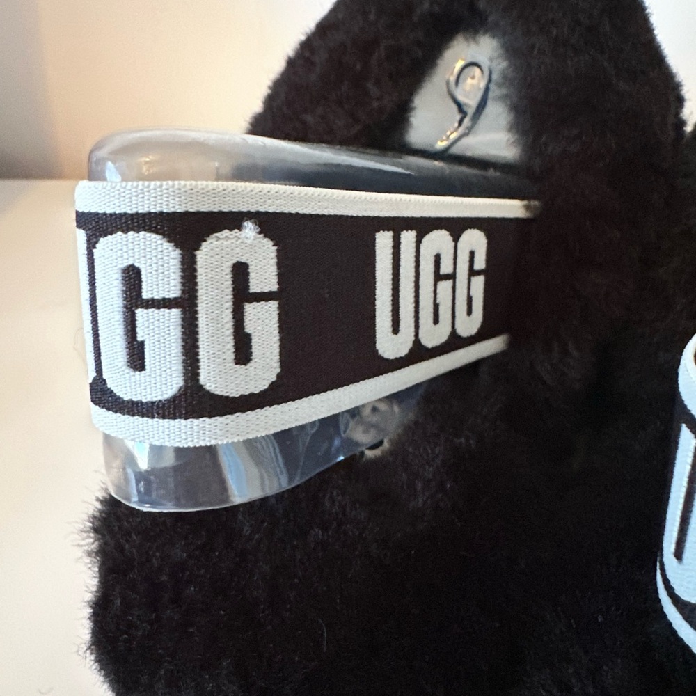 UGG Black Fluffy Slippers with Logo Strap - Picture 6 of 6